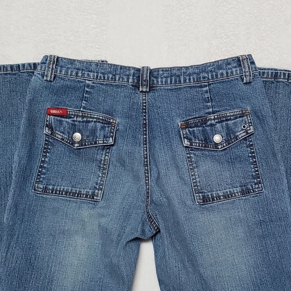 Vintage 90s Guess Stretch Fit Low Rise Mid Wash Flare Extra Pocket Cargo Jeans - Picture 8 of 10